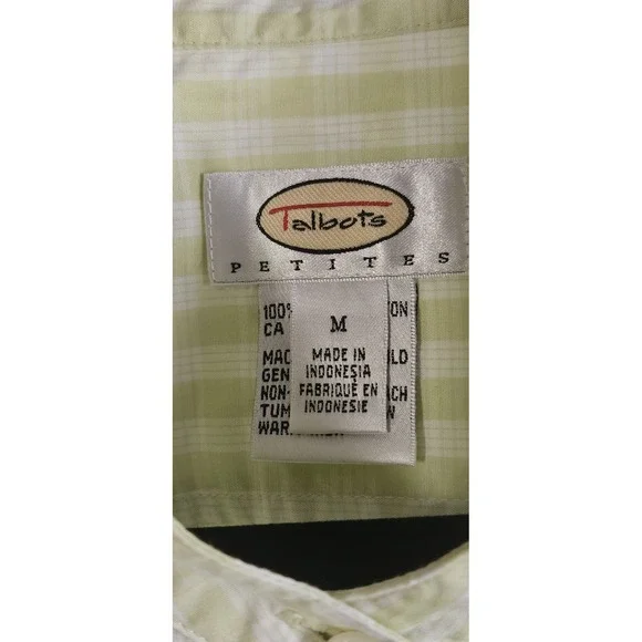 Vintage TALBOTS green white plaid button down Mock‎ neck shirt woman Sz M - Picture 4 of 6